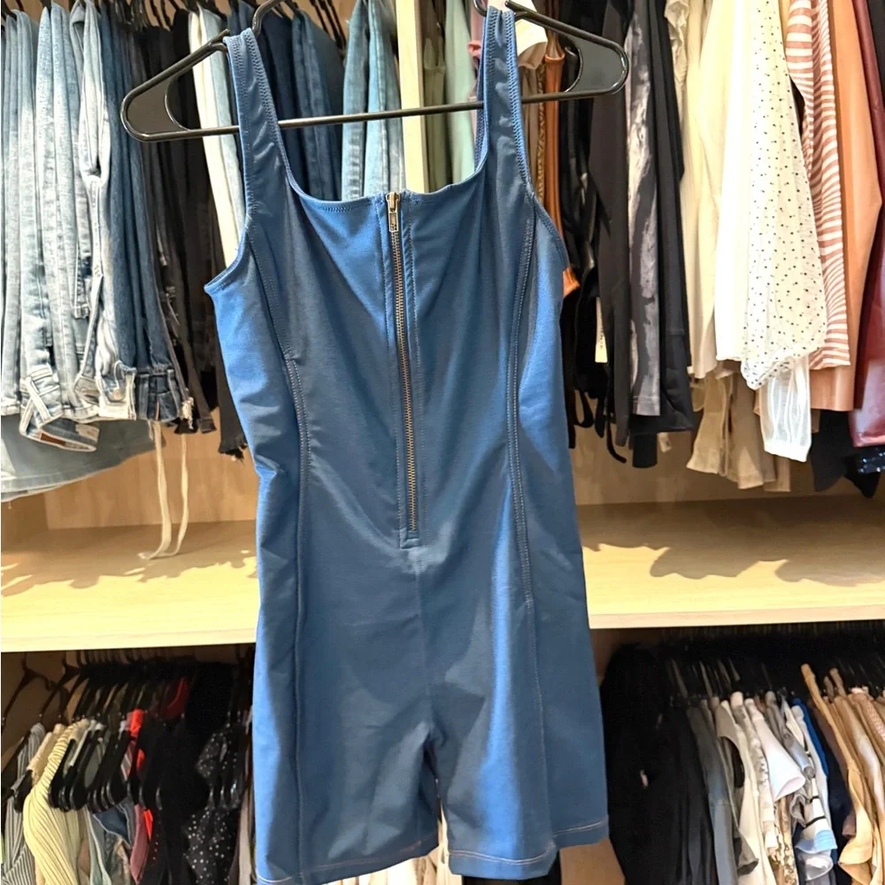 Popilush Shapewear Denim Square Neck Zip Front Sculpting Romper - Picture 3 of 5